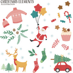 カラフルなクリスマスデコレーションのイラストセット-2