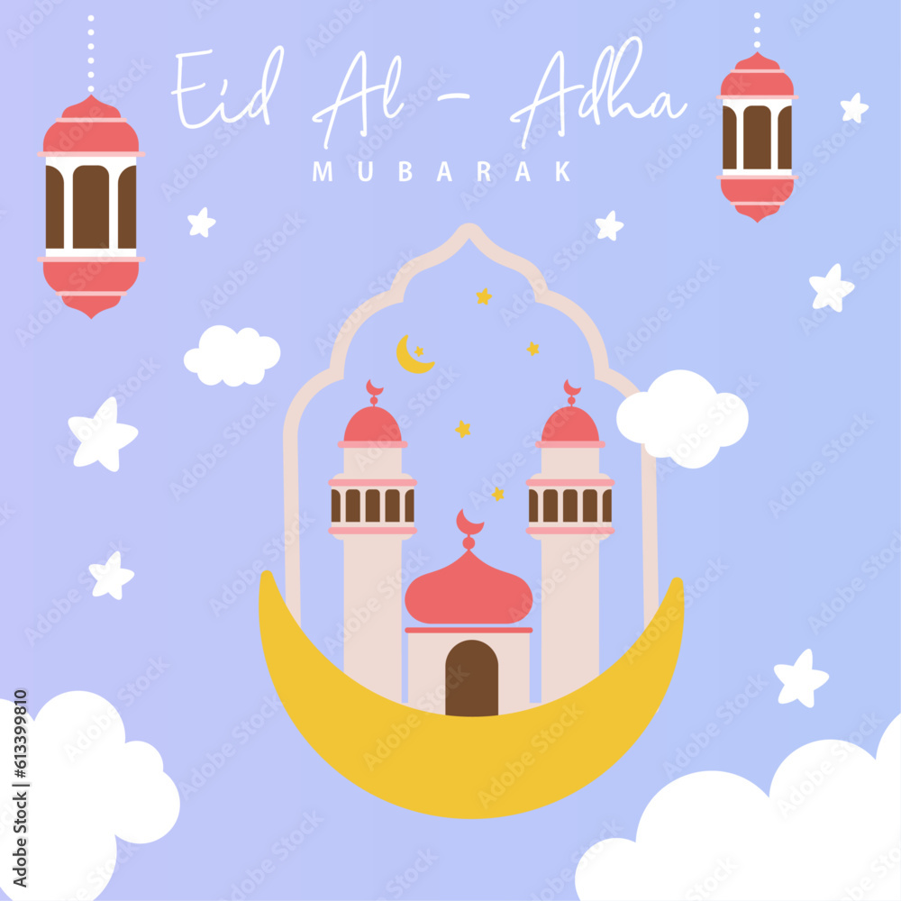 Wall mural Holy Eid Al Adha Mubarak Cute Banner Cartoon doodle. Islamic and Arabic Greeting flyer for Muslim Community Festival graphic print Vector