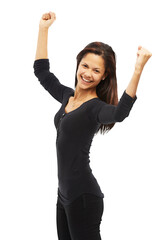 Yes, happy success and woman portrait for freedom, winning or cheers of bonus, sale or celebration....