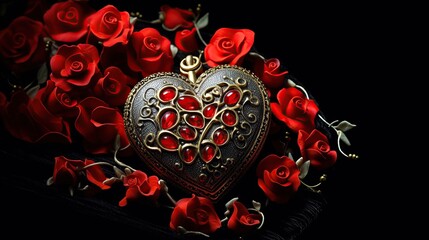 HD wallpaper: flowers, gift, heart, rose, pendant, red, love, black background,