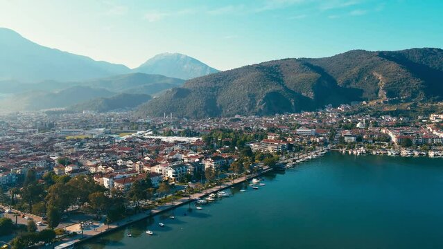 Resort town Fethiye in Turkey on Aegean sea, aerial top down shot