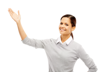 Portrait, smile and woman with hand for presentation isolated on a transparent png background. Face, palm and female person showing marketing, advertising or commercial branding, promotion or space.
