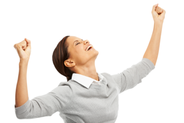 Celebration, business and woman with success in work, corporate or professional career on transparent, isolated or png background. Businesswoman, happy and excited for promotion, bonus or deal