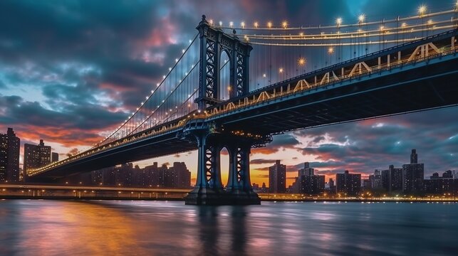 HD wallpaper: lighting, usa, united states, new york, manhattan bridge, dusk, 
