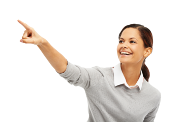News, pointing and idea with face of woman on transparent background for happy, announcement and choice. Decision, direction and presentation with female person isolated on png for promotion and show