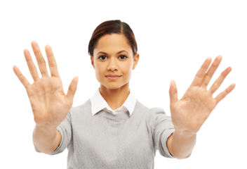Stop, hands and portrait of woman with warning, rejection and no sign isolated in a transparent or png background. Rejection, voice and professional female person with caution symbol or gesture