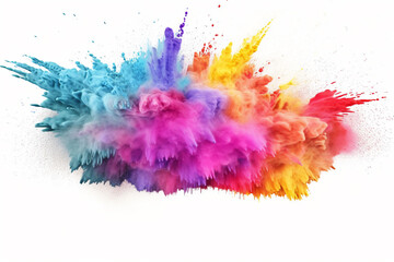 Colorful rainbow holi paint color powder explosion isolated white wide panorama background. Generative AI