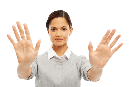 Stop, hands and portrait of woman with warning, rejection and no sign isolated in a transparent or png background. Rejection, voice and professional female person with caution symbol or gesture