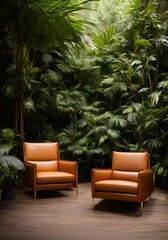 Fototapeta na wymiar leather sofa armchair and rainforest plant soft Cinematic daylight generative ai illustration art