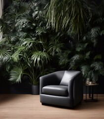 Fototapeta premium leather sofa armchair and rainforest plant soft Cinematic daylight generative ai illustration art