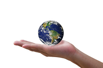 Close-up half body part from human who holding Globe Earth on hand, Element of this furnished by NASA