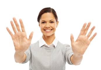 Smile, hands and portrait of woman with ten sign, gesture and promotion isolated in a transparent or png background. Corporate, professional and happy female employee confident with palm up symbol