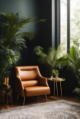 Obraz premium leather sofa armchair and rainforest plant soft Cinematic daylight generative ai illustration art