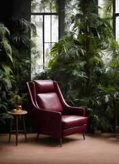 Fototapeta premium leather sofa armchair and rainforest plant soft Cinematic daylight generative ai illustration art