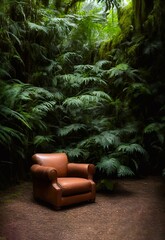 leather sofa armchair and rainforest plant soft Cinematic daylight generative ai illustration art