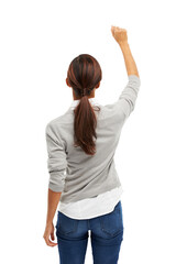 Back view, gender equality or woman with fist for empowerment, solidarity or support. Worker,...