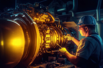 Engineering working at gas turbine electrical power plant industrial and intelligent factory  - obrazy, fototapety, plakaty