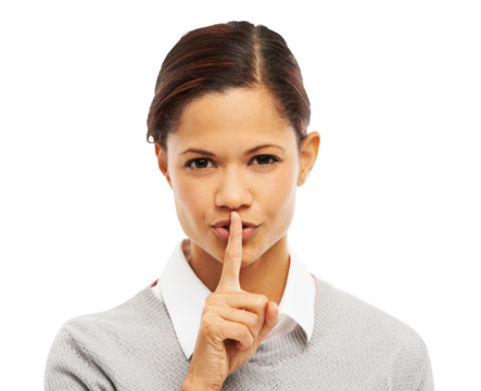 Secret, confidential and woman with finger on mouth in portrait and silence emoji isolated on transparent png background. Female person whisper, privacy and quiet, hand gesture and private news