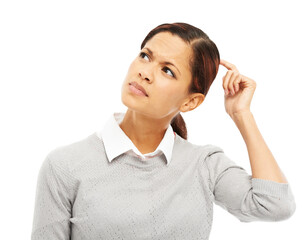 Confused, thinking and business woman with idea, planning or solution to question on transparent,...