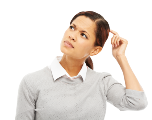 Confused, thinking and business woman with idea, planning or solution to question on transparent, isolated or png background. Doubt, curious or professional person frustrated with memory or reminder
