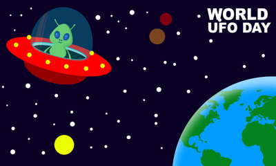 an alien riding UFO airplane flying in space or galaxy and Planet Earth and Stars Background. commemorate World UFO Day
