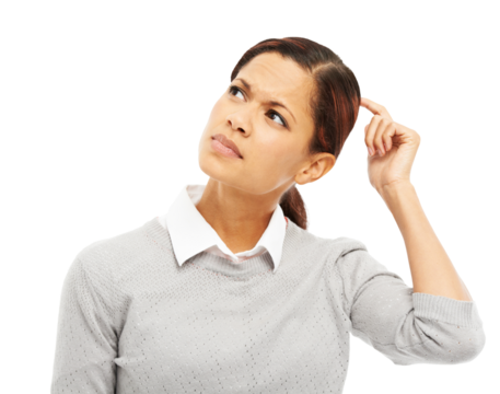 Confused, thinking and business woman with idea, planning or solution to question on transparent, isolated or png background. Doubt, curious or professional person frustrated with memory or reminder