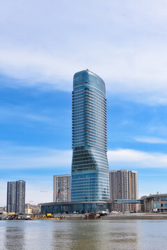 Belgrade, Serbia - March 29, 2023: Belgrade Tower, officially known as Kula Belgrade, 168-meter tall mixed-use skyscraper currently under construction in the Belgrade Waterfront project in Serbia.