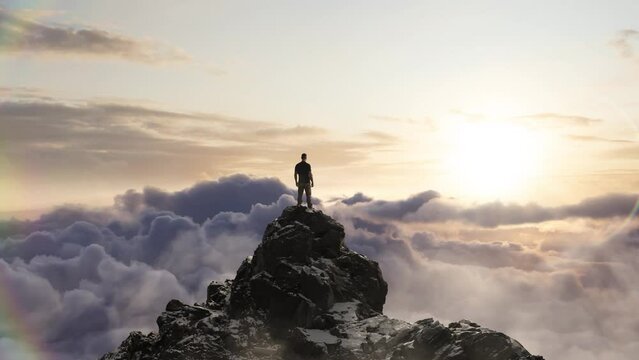 Adventurous Man Standing on top of Mountain Cliff. Extreme Adventure Composite. 3d Rendering Peak. Background Aerial Image from BC, Canada..