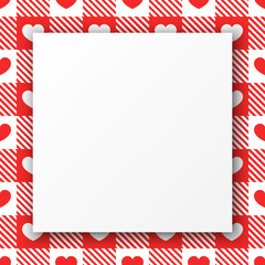 Obraz premium Vector frame with copy space. White and red hearts on lumberjack plaid background. White paper sheet in square frame with hearts pattern.