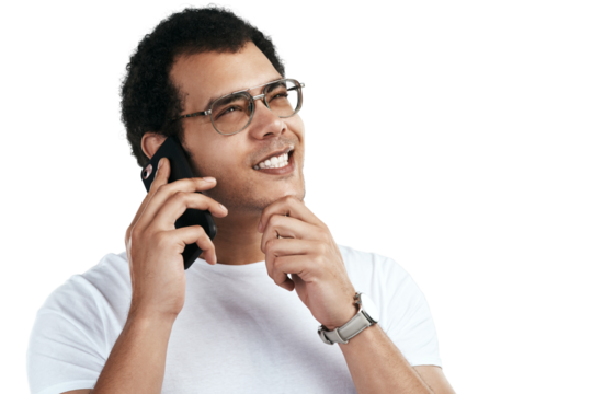 Phone call, thinking and man or student for university choice, chat or ideas isolated on transparent png background. News, mobile contact and person with vision, future plan and college communication