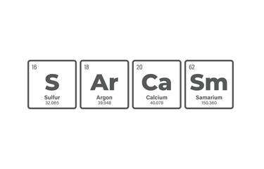 Vector inscription SARCASM composed of individual elements of the periodic table. Isolated on white background - obrazy, fototapety, plakaty
