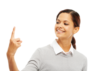Happy, pointing and news with face of woman on transparent background for idea, announcement and choice. Decision, direction and presentation with female person isolated on png for promotion and show