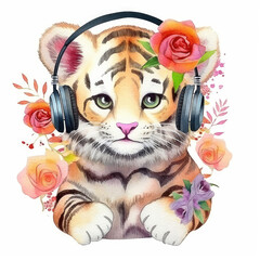 Watercolor of the tiger listening music with headphone in the flowers background. Generative AI.