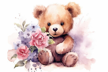 Watercolor of teddy bear with flowers. Generative AI.