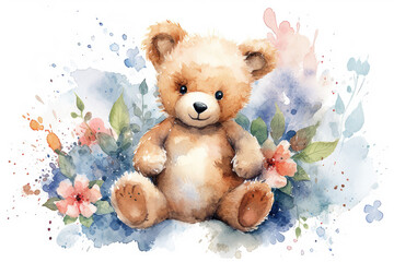 Watercolor of teddy bear with flowers. Generative AI.