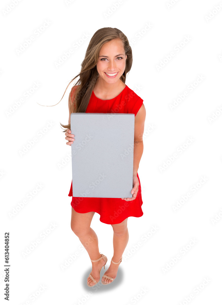 Poster Isolated woman, blank poster and portrait with smile, mockup space and promo by transparent png background. Girl, model and sign for voice, opinion and mock up with billboard, promotion and fashion