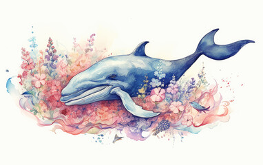 Illustration of a blue whale with flowers. Generative AI.