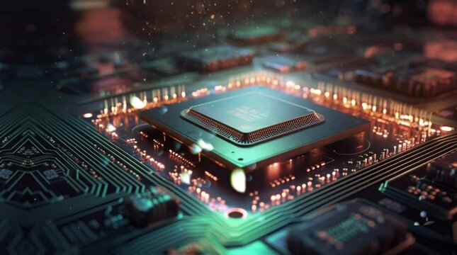 Immerse in our video's electrifying display of a super-chip circuit board's integration with a quantum computing matrix - reworked generative AI