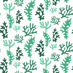 Seamless coral reef pattern. Green underwater background of the ocean world in vintage style. A hand-drawn underwater natural element. Marine Seamless repeating design for Fabric, Textile, paper