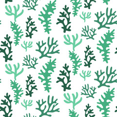 Fototapeta premium Seamless coral reef pattern. Green underwater background of the ocean world in vintage style. A hand-drawn underwater natural element. Marine Seamless repeating design for Fabric, Textile, paper
