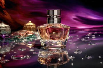 Bottle of perfume on water splashes background. Generative AI.