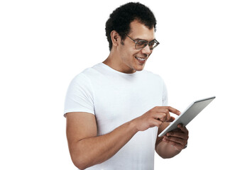 Tablet, smile and man scroll on internet isolated on a transparent png background. Technology, happy and person online browsing on website, email or app for communication, social media and network.