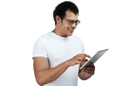 Tablet, smile and man scroll on internet isolated on a transparent png background. Technology, happy and person online browsing on website, email or app for communication, social media and network.