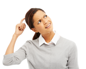 Woman scratching head, confused and thinking with doubt and expression isolated on transparent png background. Question, problem or mistake with female person and decision, think why and wondering