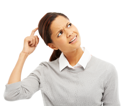 Woman scratching head, confused and thinking with doubt and expression isolated on transparent png background. Question, problem or mistake with female person and decision, think why and wondering