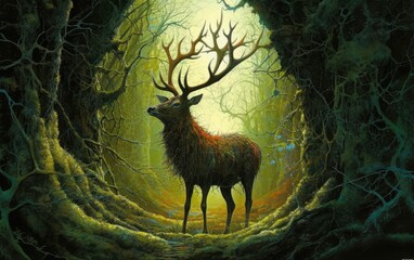 Deer in the green forest. Generative AI.