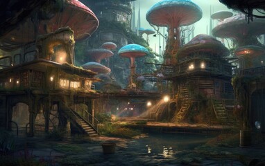 The view of the mushroom buildings of fairy tales heaven. Generative AI.