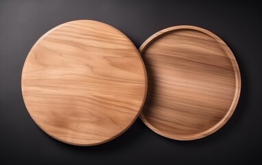 Wooden plate isolated on dark background. Generative AI.