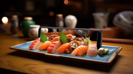 Imagine a snapshot taken with a smartphone in a cozy Izakaya. The focus is on a plate of salmon sashimi, the fish',