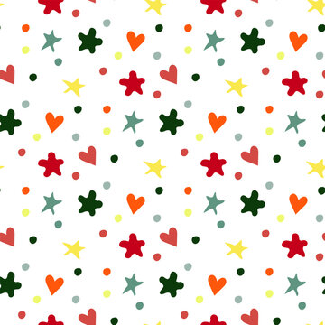Cute festive background with colored falling elements. Stars, hearts, circles, flowers. Decoration for gift wrapping paper, fabric, clothing, textiles, texture, scrapbook. Vector illustration